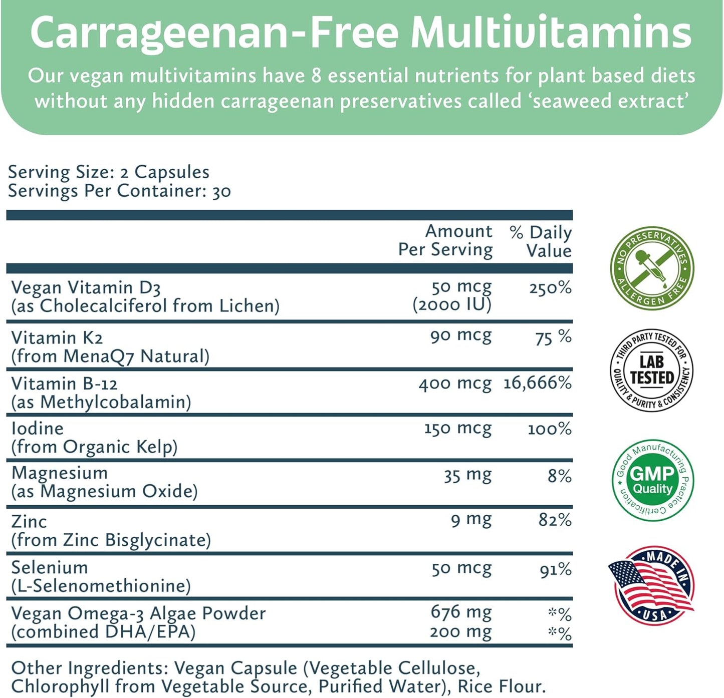 Vegan Multivitamin for Women & Men with Omega-3, B12, D3, Zinc, Iodine, Magnesium, K2 & Selenium - Carrageenan-Free - 60ct Bag