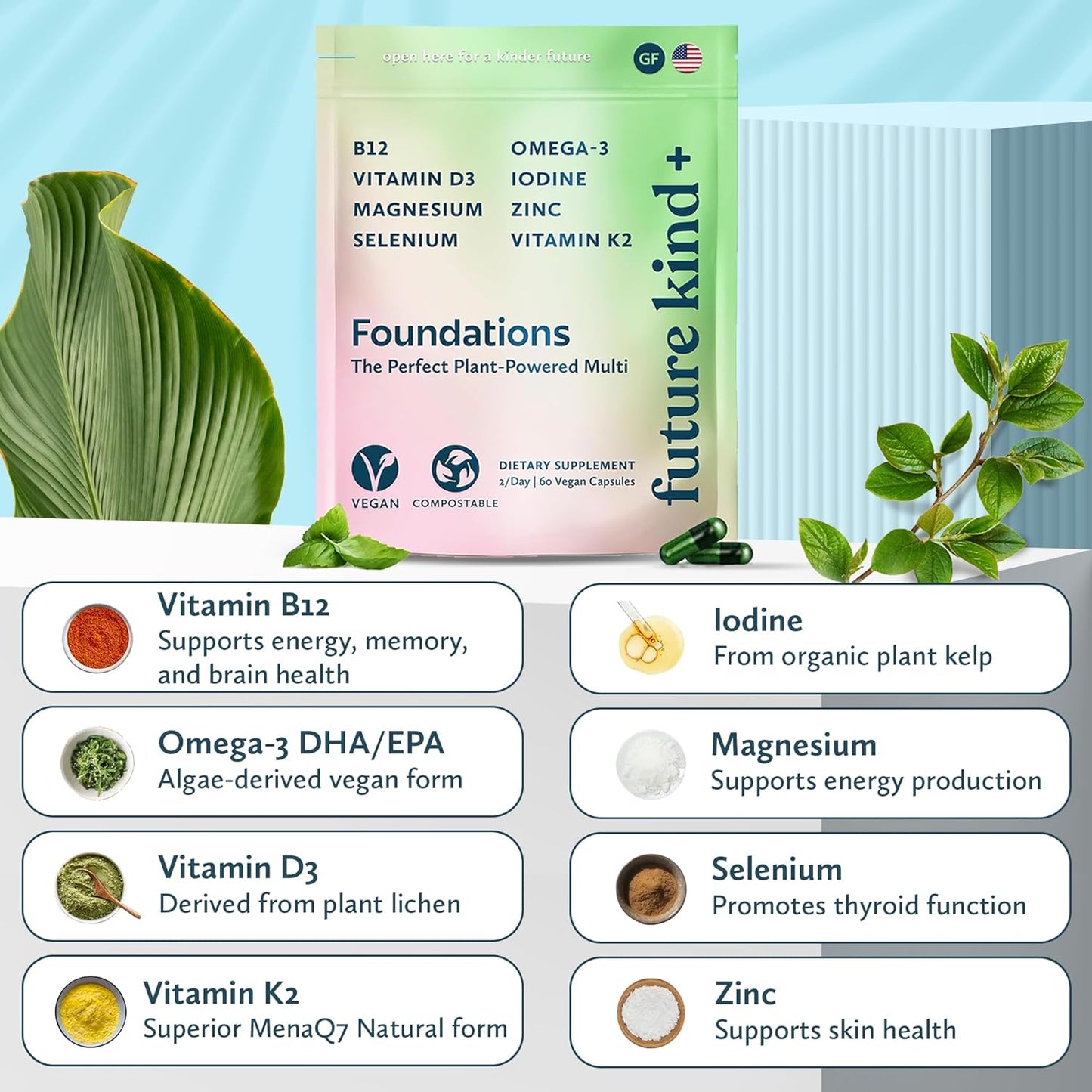 Vegan Multivitamin for Women & Men with Omega-3, B12, D3, Zinc, Iodine, Magnesium, K2 & Selenium - Carrageenan-Free - 60ct Bag