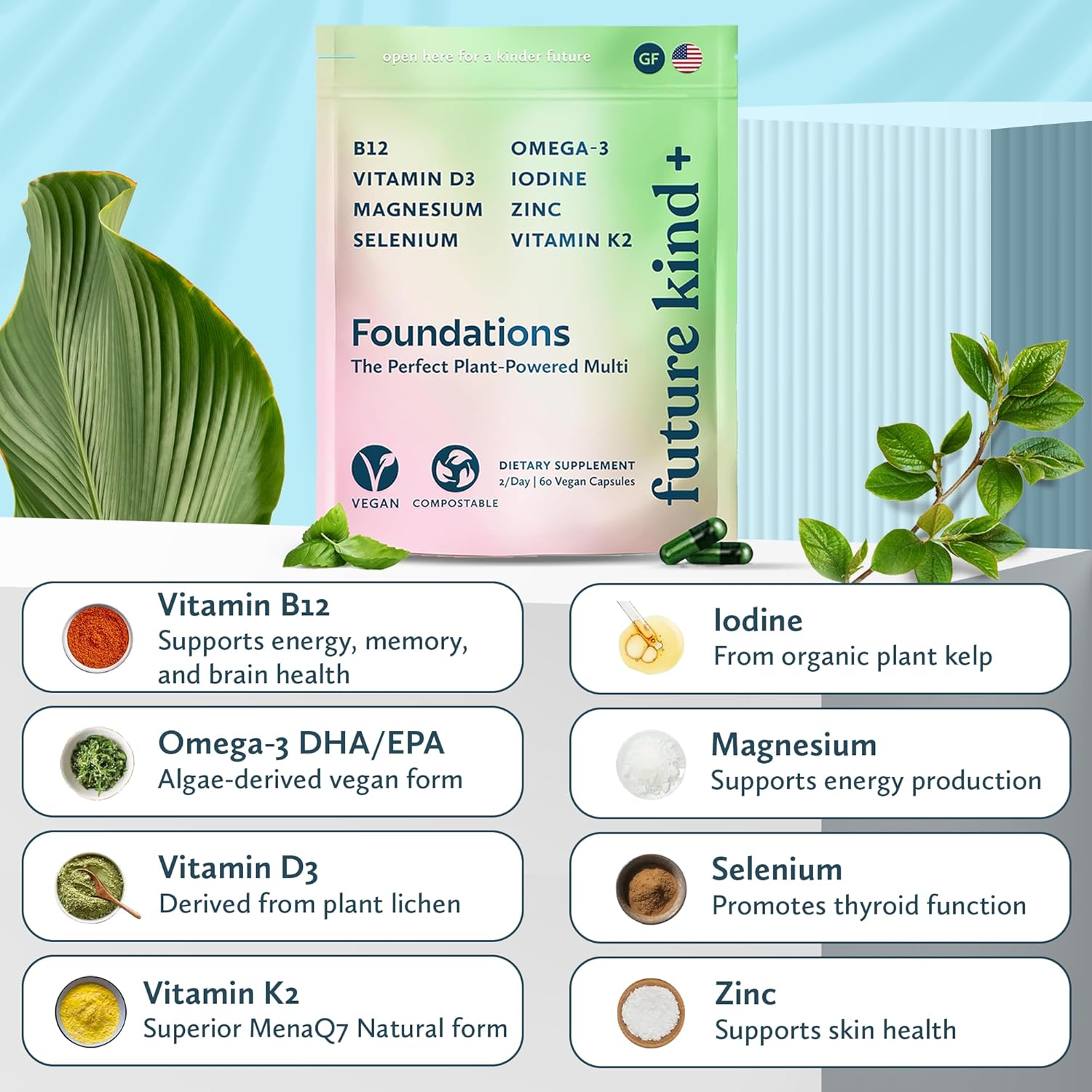 Vegan Multivitamin for Women & Men with Omega-3, B12, D3, Zinc, Iodine, Magnesium, K2 & Selenium - Carrageenan-Free - 60ct Bag