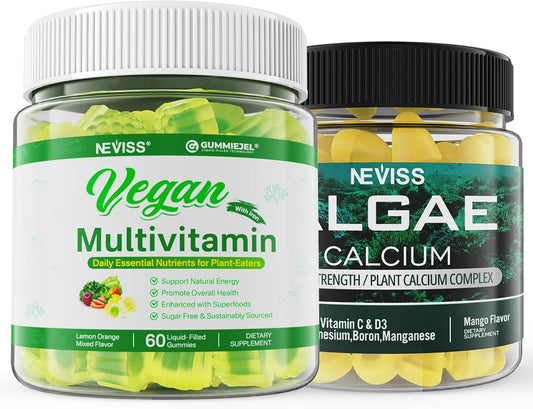 Vegan Multivitamin Gummies with Algae Calcium 600mg for Women Men - Iron, B12, A, D3, K2, Omega 3, Magnesium, Zinc