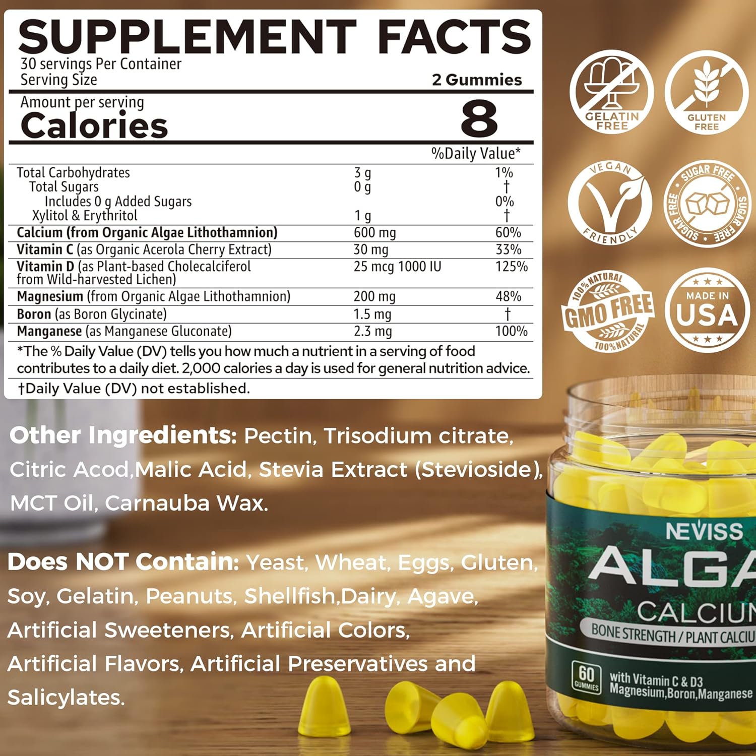 Vegan Multivitamin Gummies with Algae Calcium 600mg for Women Men - Iron, B12, A, D3, K2, Omega 3, Magnesium, Zinc