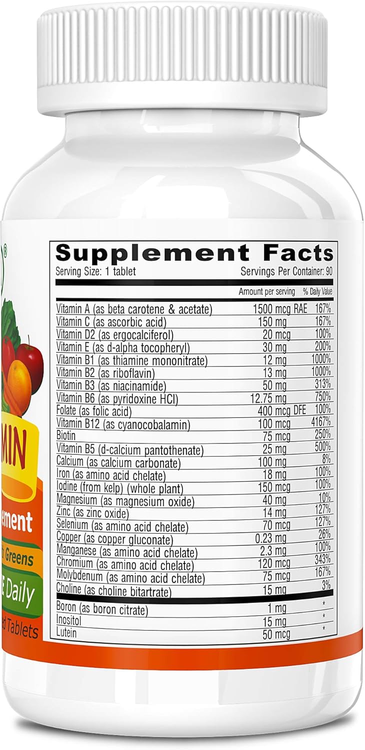 Vegan Multivitamin Supplement with Greens - High-Potency Once-Per-Day Formula for Daily Health - Vitamins A, C, D, E, B Complex - 90 Tablets
