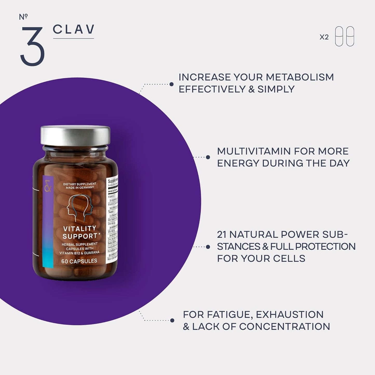 Vegan Multivitamin with Guarana, Ginseng, and Ginkgo Extract for Energy and Focus - CLAV® N°3 Vitality Support - 60 Capsules