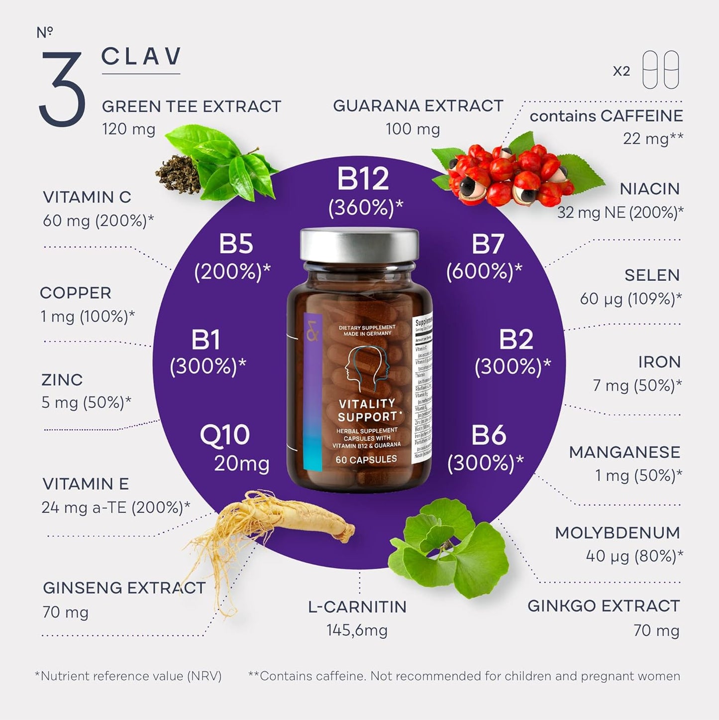 Vegan Multivitamin with Guarana, Ginseng, and Ginkgo Extract for Energy and Focus - CLAV® N°3 Vitality Support - 60 Capsules