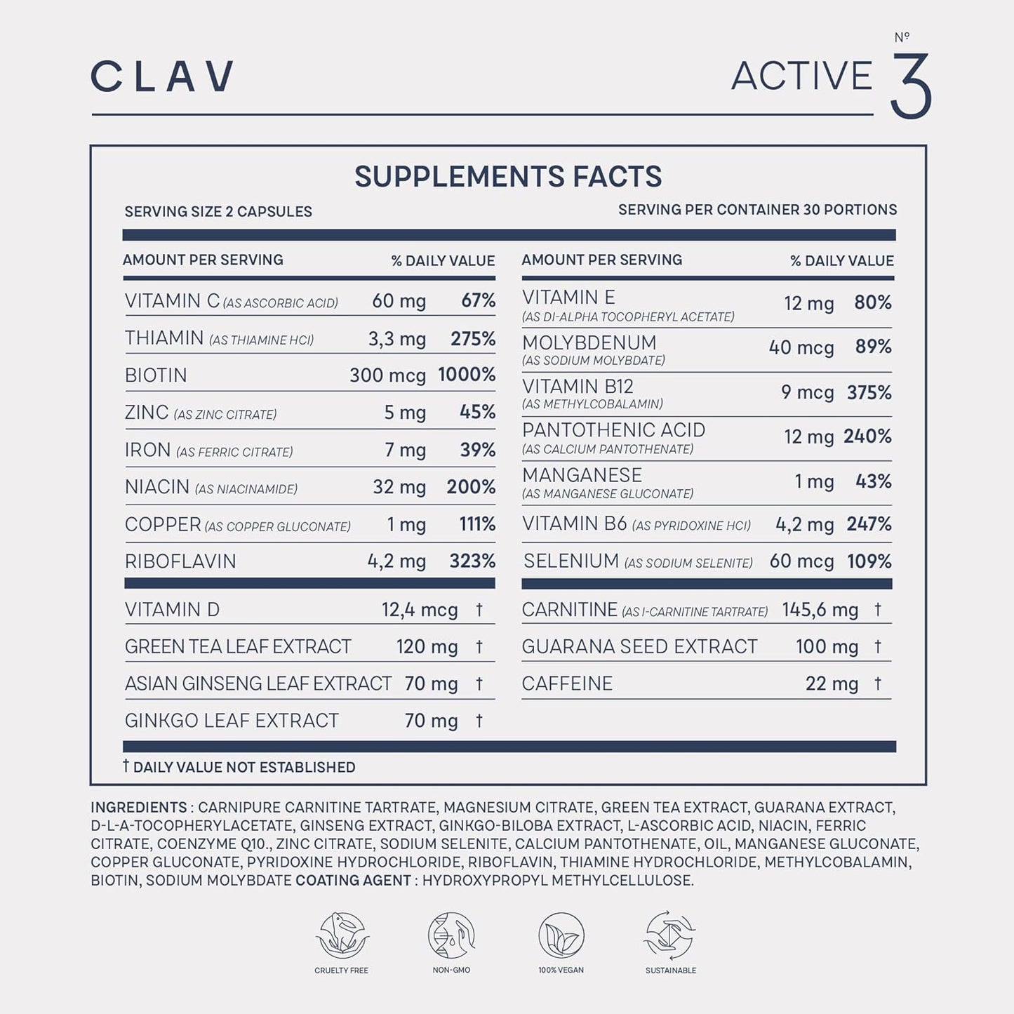 Vegan Multivitamin with Guarana, Ginseng, and Ginkgo Extract for Energy and Focus - CLAV® N°3 Vitality Support - 60 Capsules