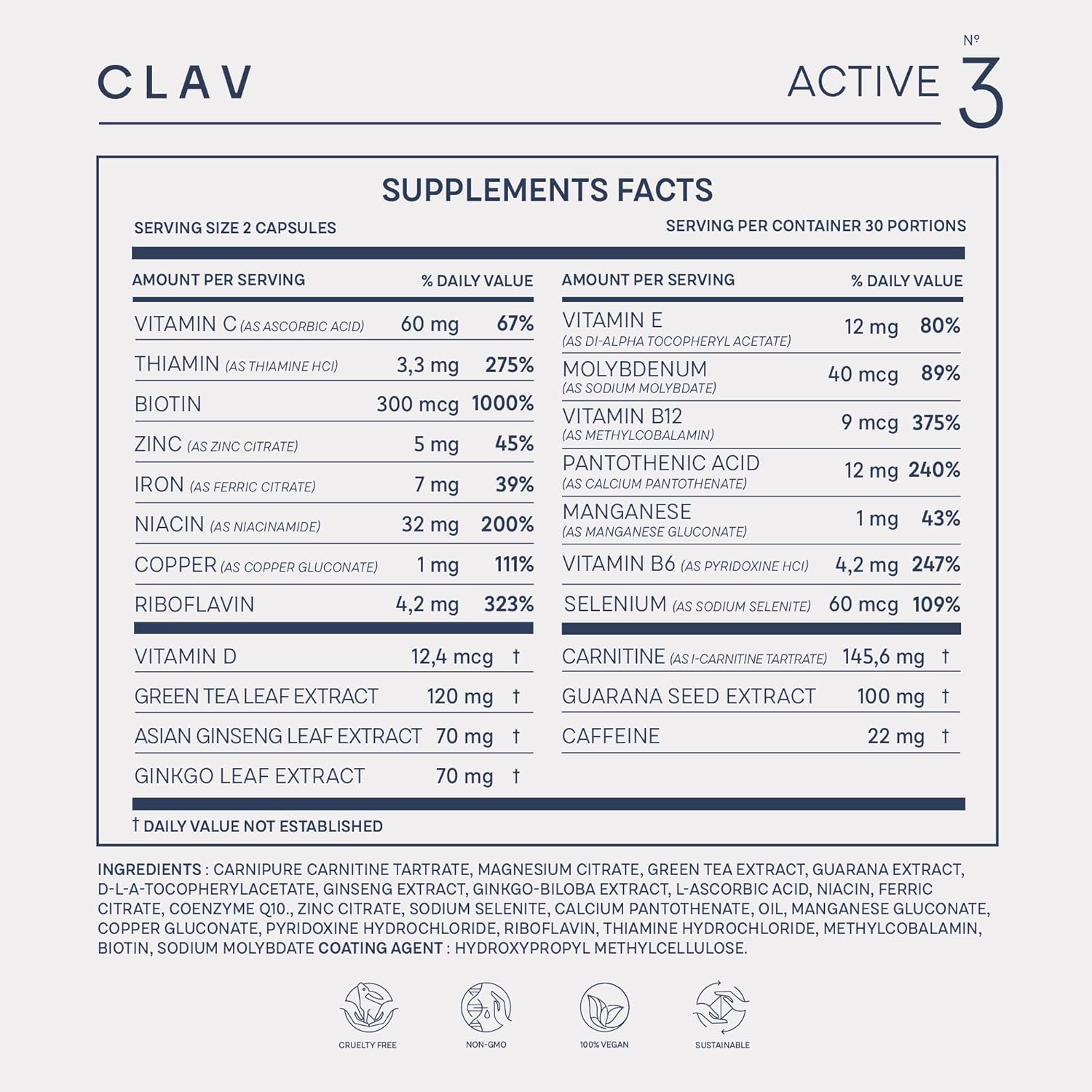 Vegan Multivitamin with Guarana, Ginseng, and Ginkgo Extract for Energy and Focus - CLAV® N°3 Vitality Support - 60 Capsules