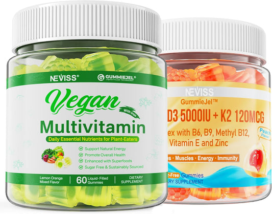 Vegan Multivitamin with Vitamin D3 5000IU, Vitamin K2, Iron, B12, A, Algae Omega 3, Magnesium, Zinc for Men and Women