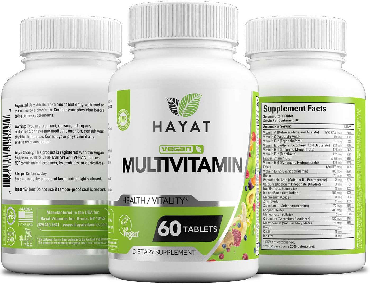 Vegan Natural Multivitamin with Vitamin A, C, D, E, B, Biotin & Zinc, 2 Month Supply - Halal Certified - Made in USA - 60 Tablets