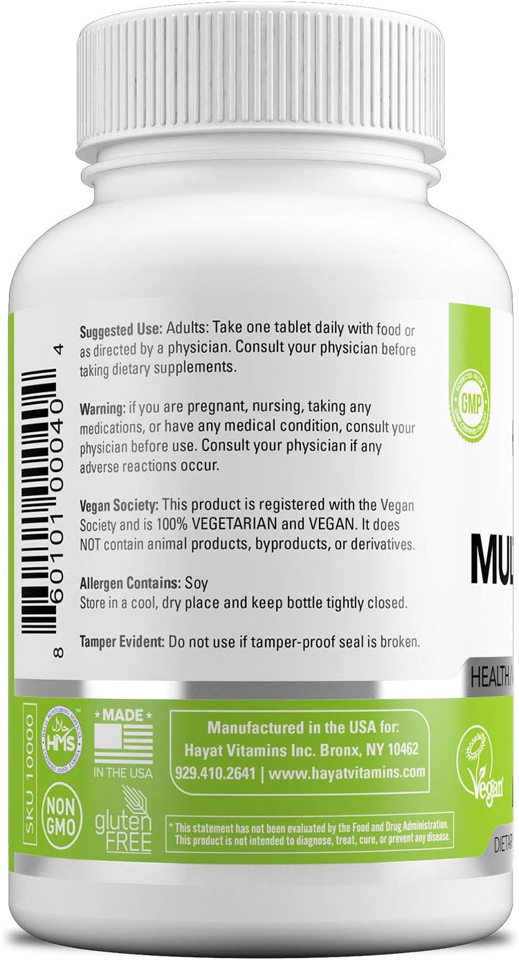 Vegan Natural Multivitamin with Vitamin A, C, D, E, B, Biotin & Zinc, 2 Month Supply - Halal Certified - Made in USA - 60 Tablets