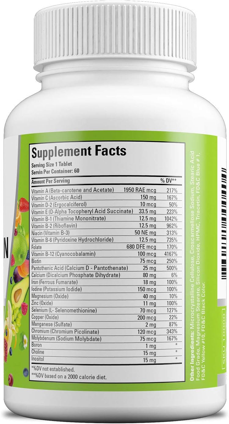 Vegan Natural Multivitamin with Vitamin A, C, D, E, B, Biotin & Zinc, 2 Month Supply - Halal Certified - Made in USA - 60 Tablets