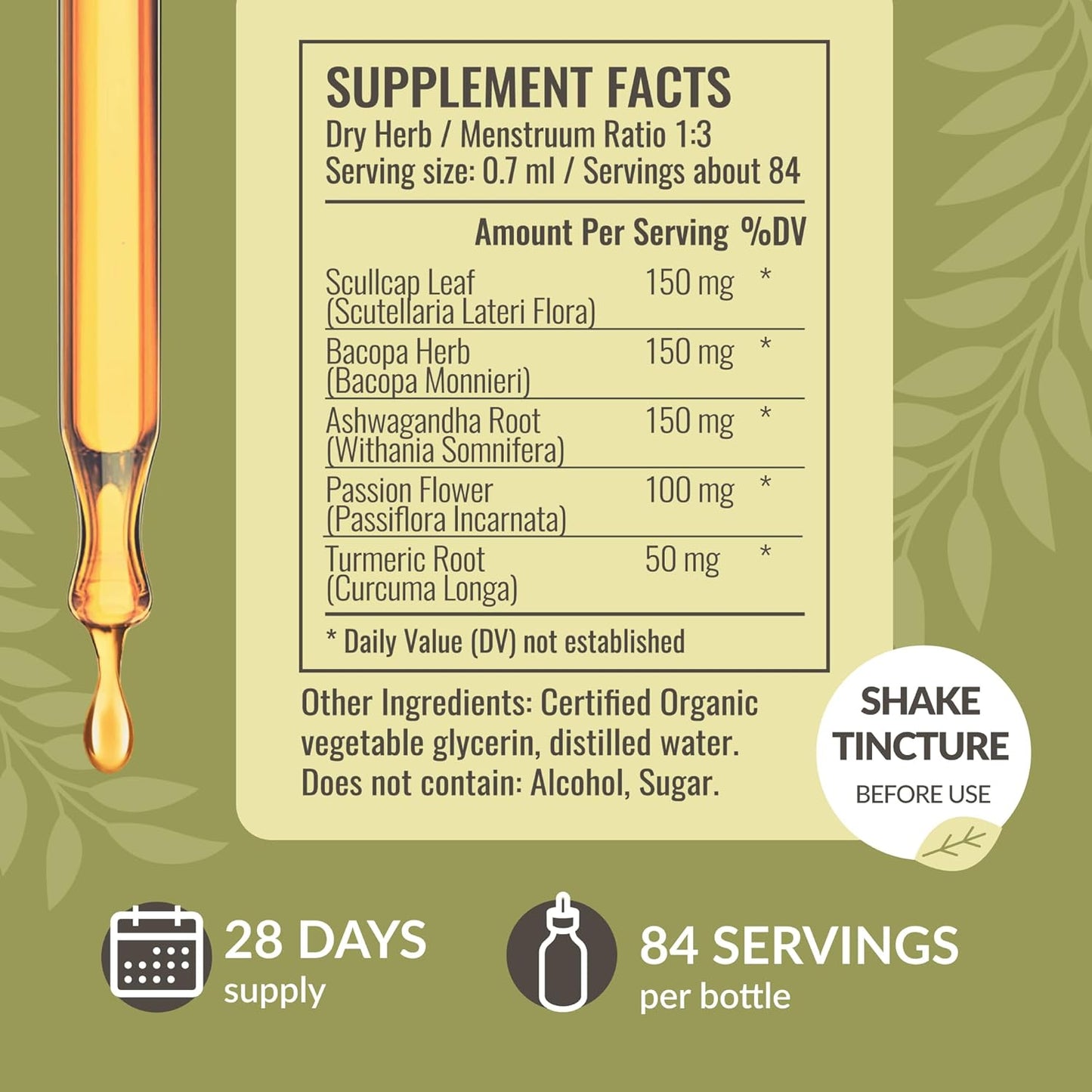Vegan Nerve Support Supplement with Ashwagandha & Bacopa Monnieri - Non-GMO Calming Drops for Adults, 28-Day Supply