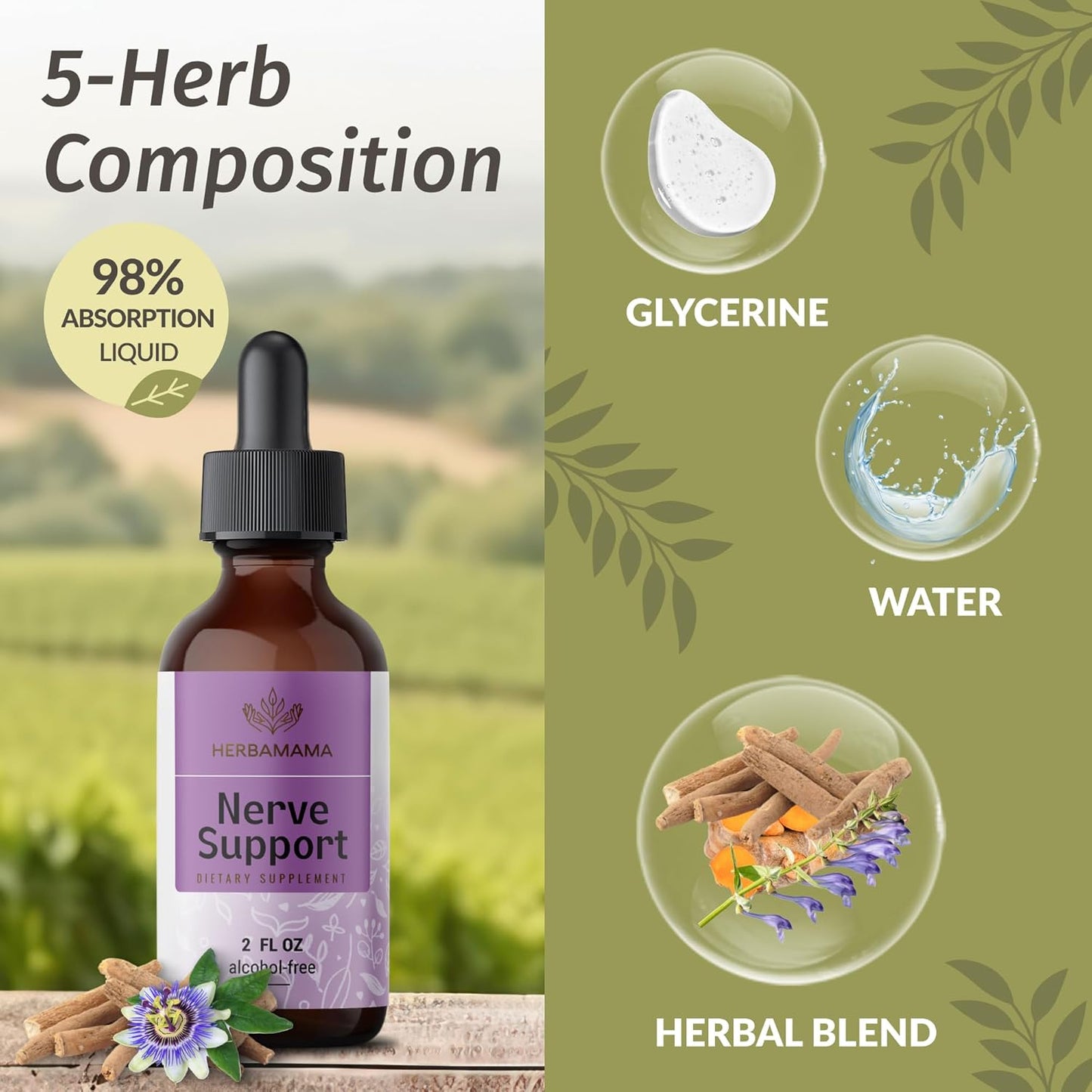 Vegan Nerve Support Supplement with Ashwagandha & Bacopa Monnieri - Non-GMO Calming Drops for Adults, 28-Day Supply
