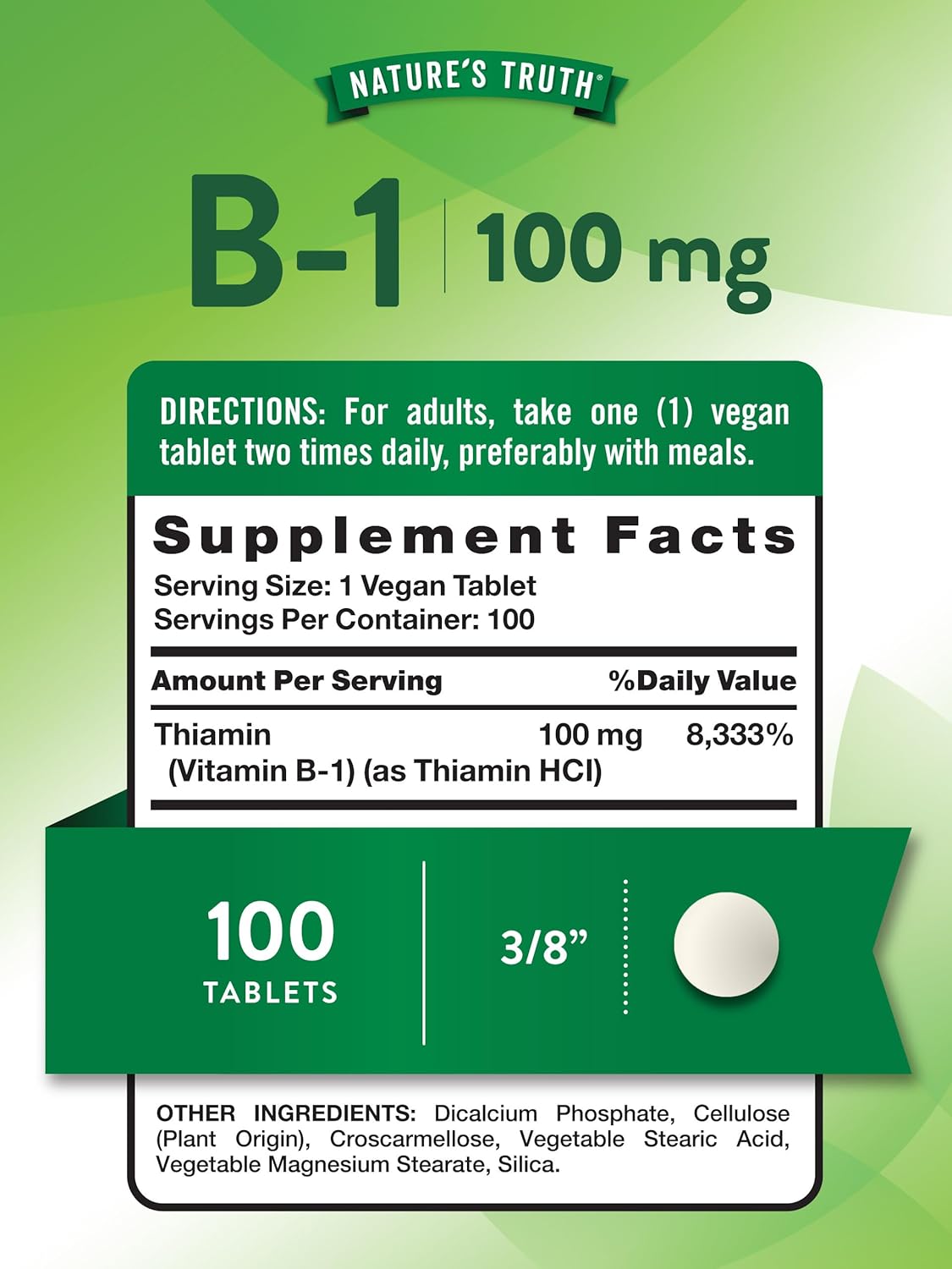 Vegan Non-GMO Vitamin B1 (Thiamine) 100mg Supplement - 100 Count Gluten Free