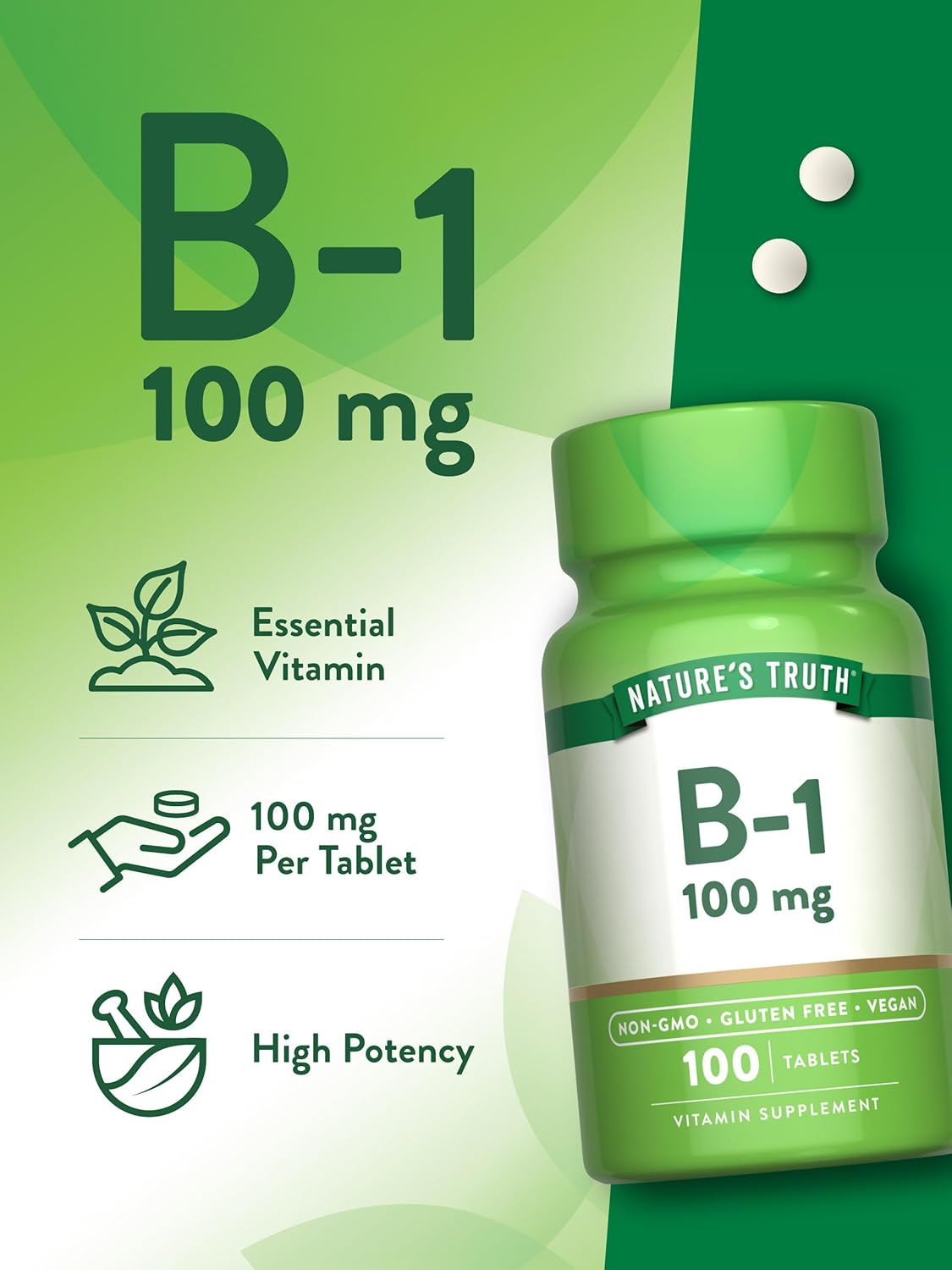 Vegan Non-GMO Vitamin B1 (Thiamine) 100mg Supplement - 100 Count Gluten Free