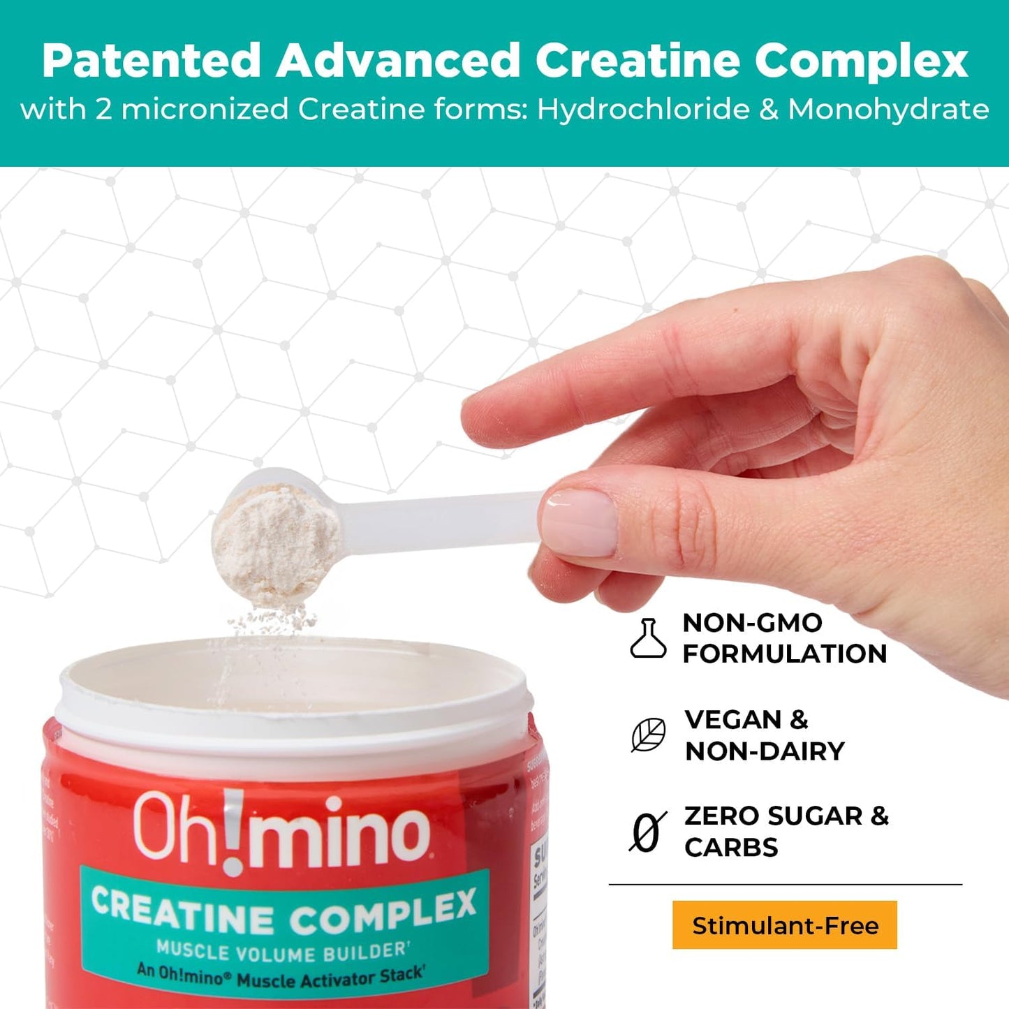Vegan Oh!mino Creatine Powder - Micronized Creatine Monohydrate & Hydrochloride Blend for Muscle Growth and Recovery - Lemon Lime Flavor - 160g, 40 Servings