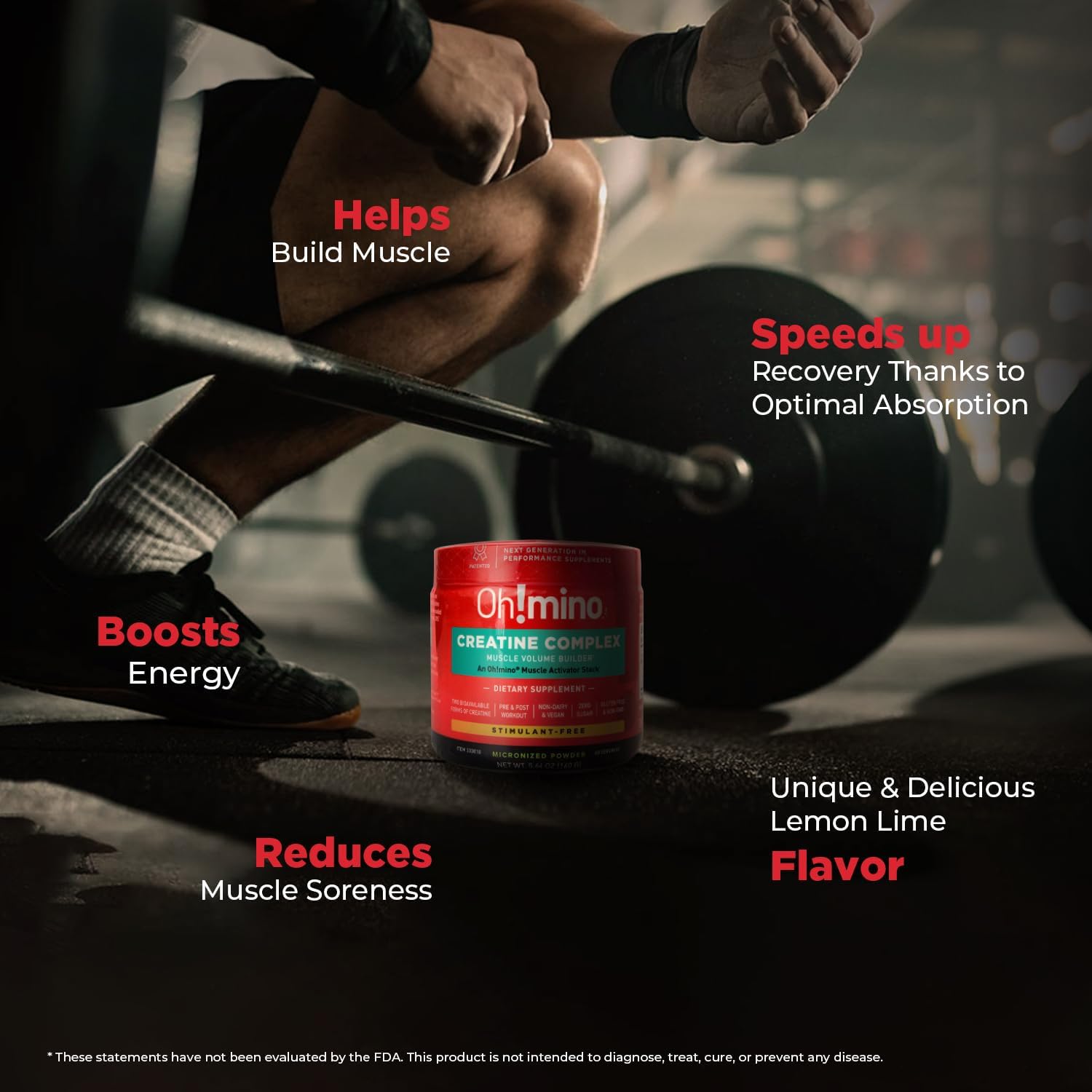 Vegan Oh!mino Creatine Powder - Micronized Creatine Monohydrate & Hydrochloride Blend for Muscle Growth and Recovery - Lemon Lime Flavor - 160g, 40 Servings
