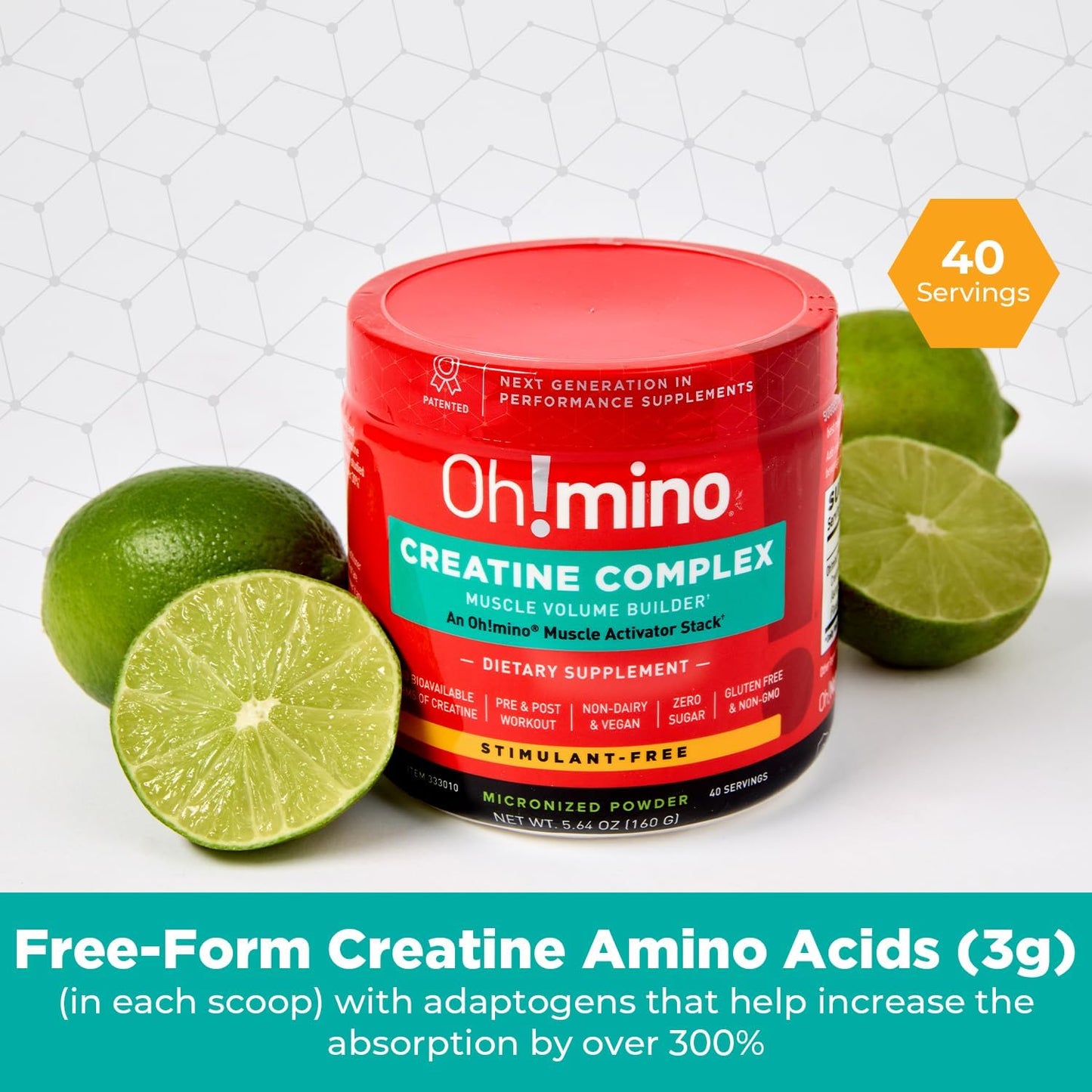 Vegan Oh!mino Creatine Powder - Micronized Creatine Monohydrate & Hydrochloride Blend for Muscle Growth and Recovery - Lemon Lime Flavor - 160g, 40 Servings