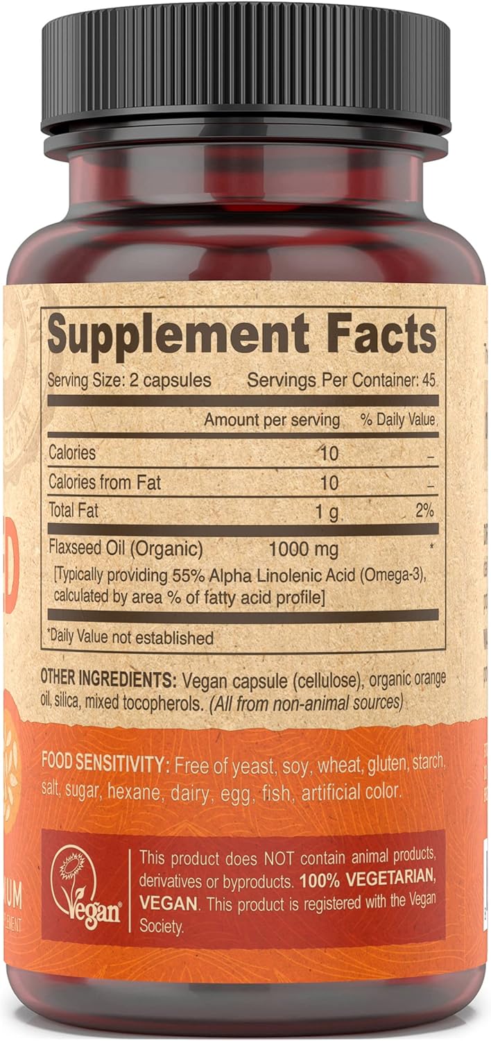 Vegan Omega-3 Flaxseed Oil Supplement - 1000 MG Per Serving - Cold-Pressed & Unrefined - Non-Fish Alternative - Omega-3 ALA - 90 Capsules