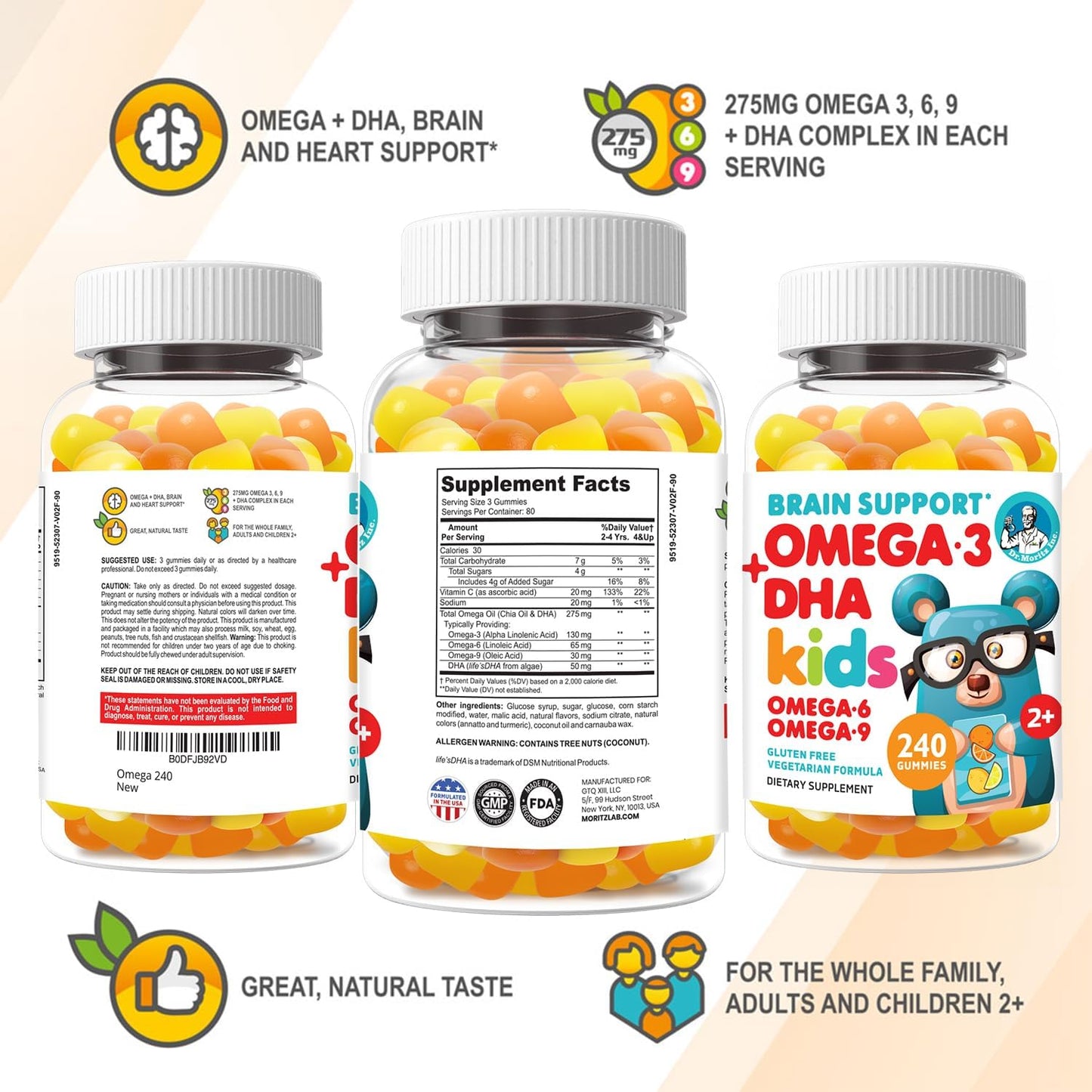 Vegan Omega-3 Gummies for Kids & Toddlers (240 Count) - Brain & Heart Health, No Fish Oil, Gluten-Free - Dr. Moritz
