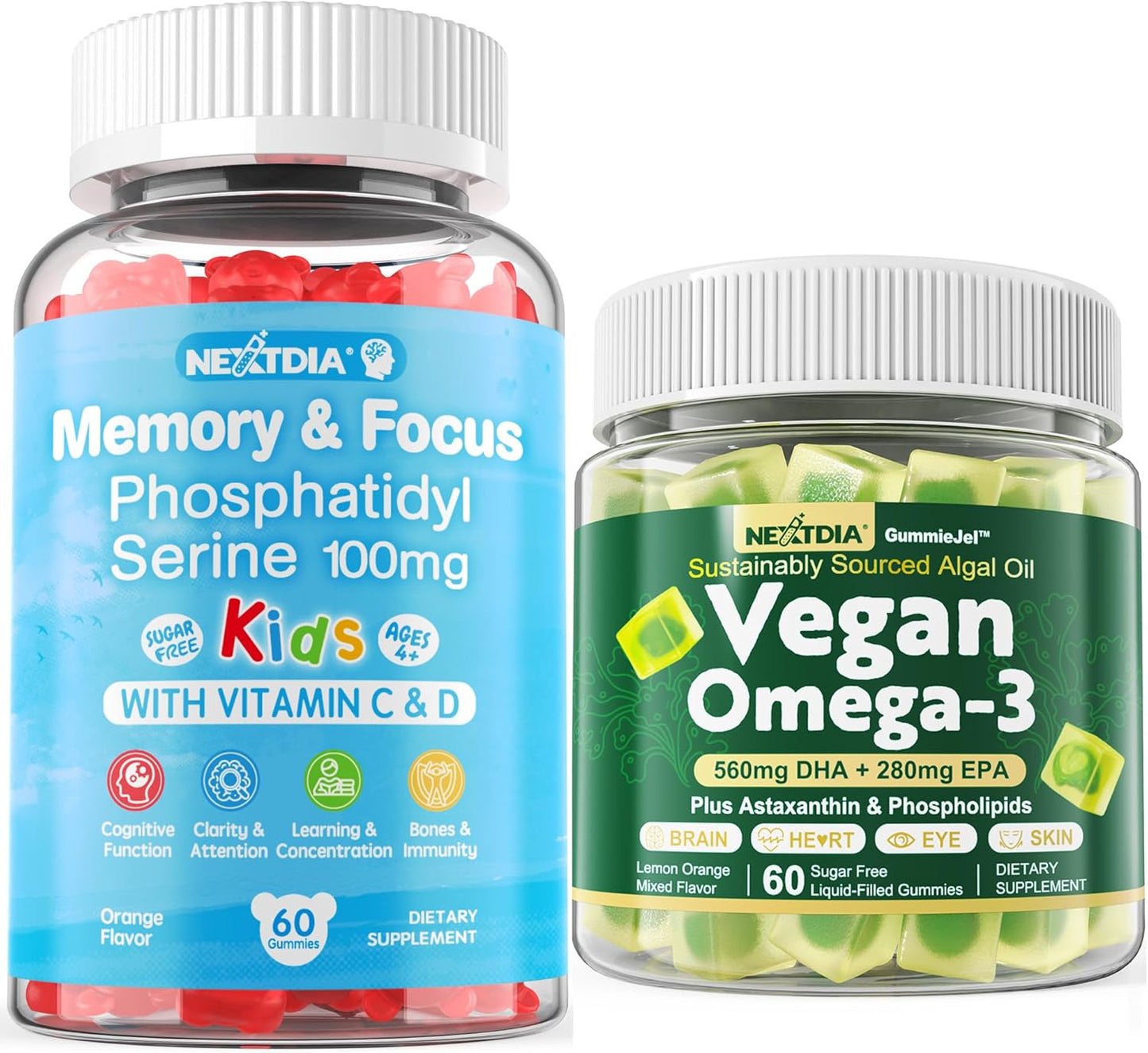 Vegan Omega 3 Gummies with Sugar Free Phosphatidylserine for Kids - Bundle of 3 Packs