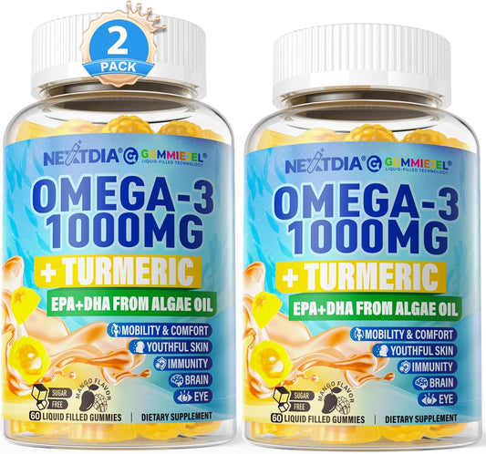 Vegan Omega-3 Gummies with Turmeric - Algae DHA 600mg & EPA 300mg - Vitamins A, C, E, Zinc & MSM - Sugar Free - 120 Count