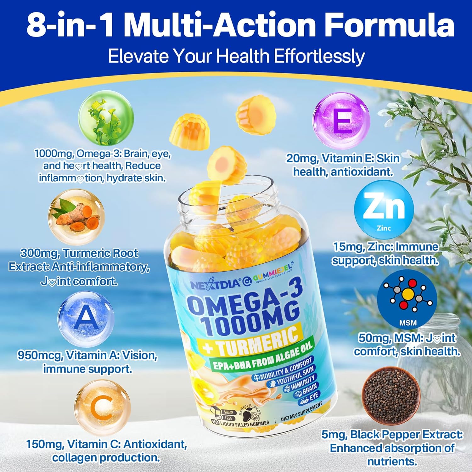 Vegan Omega-3 Gummies with Turmeric - Algae DHA 600mg & EPA 300mg - Vitamins A, C, E, Zinc & MSM - Sugar Free - 120 Count