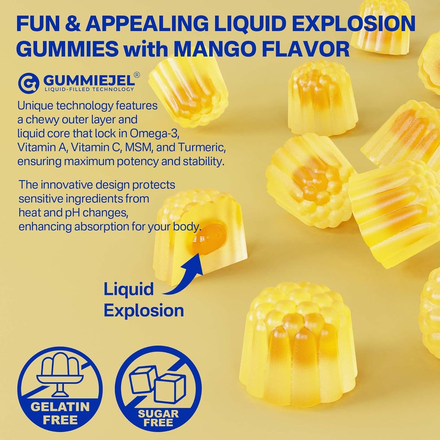 Vegan Omega-3 Gummies with Turmeric - Algae DHA 600mg & EPA 300mg - Vitamins A, C, E, Zinc & MSM - Sugar Free - 120 Count