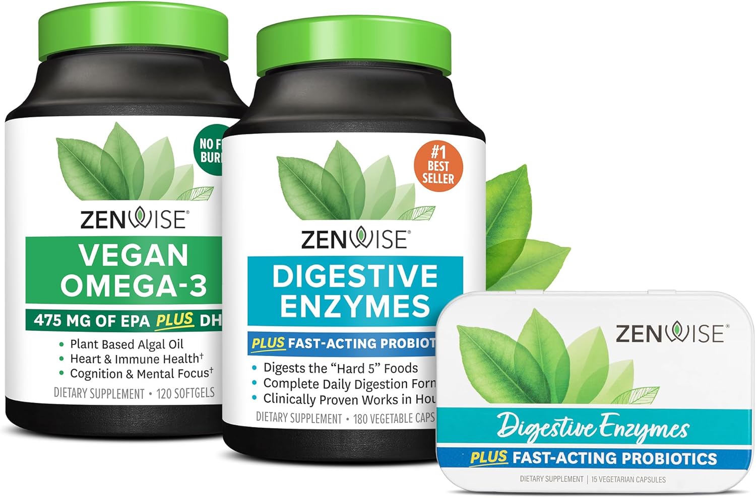 Vegan Omega Digestive Enzymes with Free Travel Tin by Zenwise Health