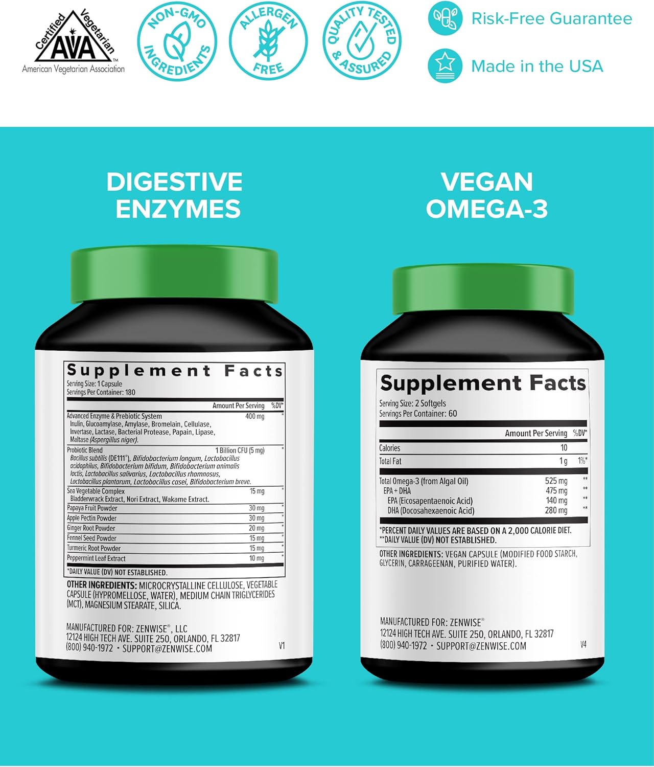 Vegan Omega Digestive Enzymes with Free Travel Tin by Zenwise Health