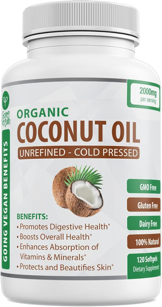 Vegan Organic Coconut Oil Capsules 2000mg - Cold Pressed for Healthy Skin, Hair Growth, Nail Care - 120 Softgels - Non GMO & Rich in MCTs - BoostGo Australia