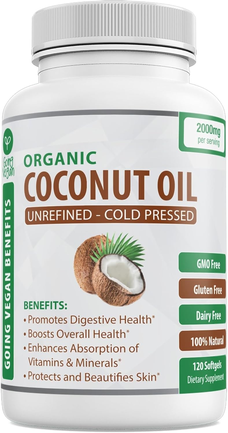 Vegan Organic Coconut Oil Capsules 2000mg - Cold Pressed for Healthy Skin, Hair Growth, Nail Care - 120 Softgels - Non GMO & Rich in MCTs - BoostGo Australia
