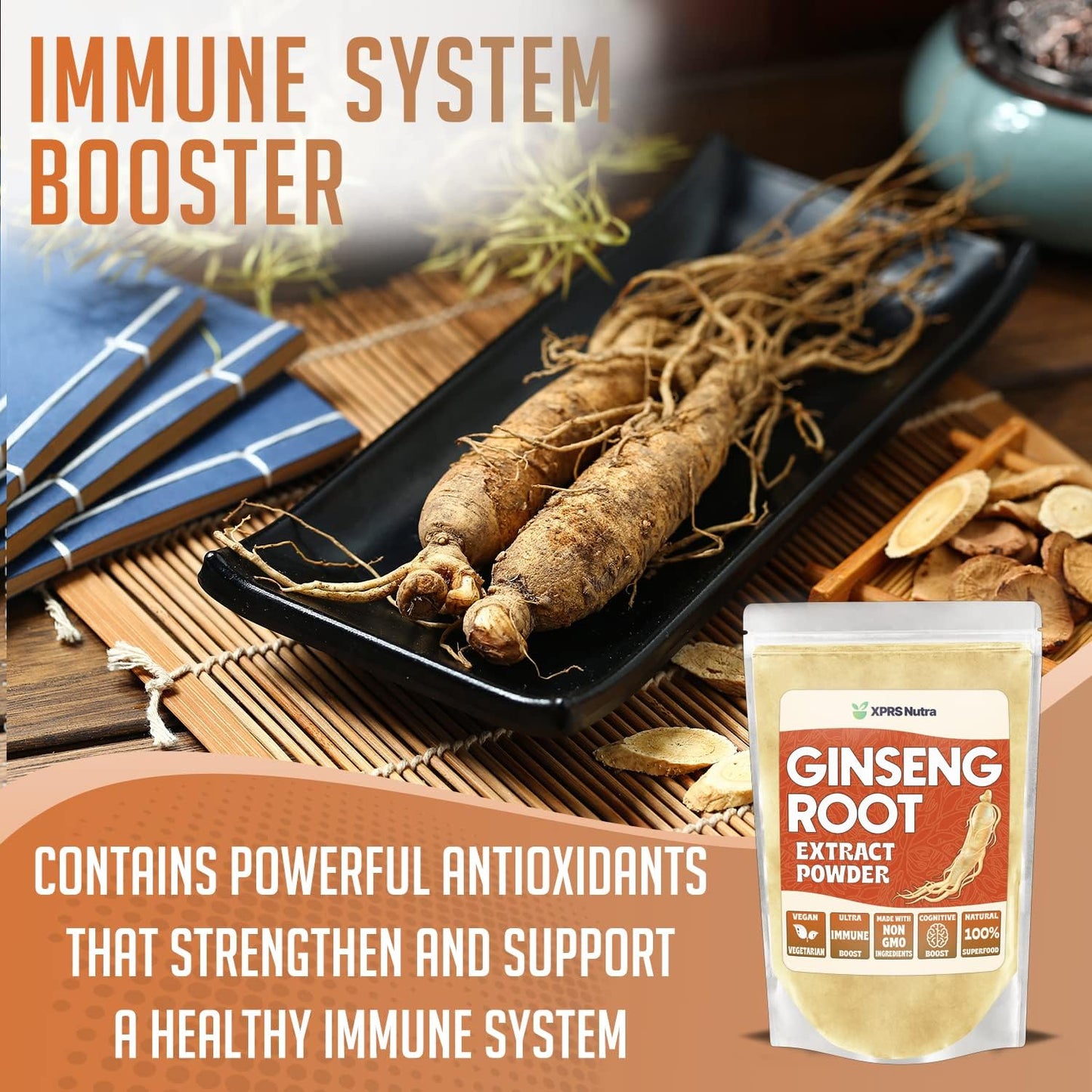 Vegan Panax Ginseng Powder Extract - Supports Cognitive Function, Physical Performance, Immune System - XPRS Nutra Ginseng Root Powder (8 oz)