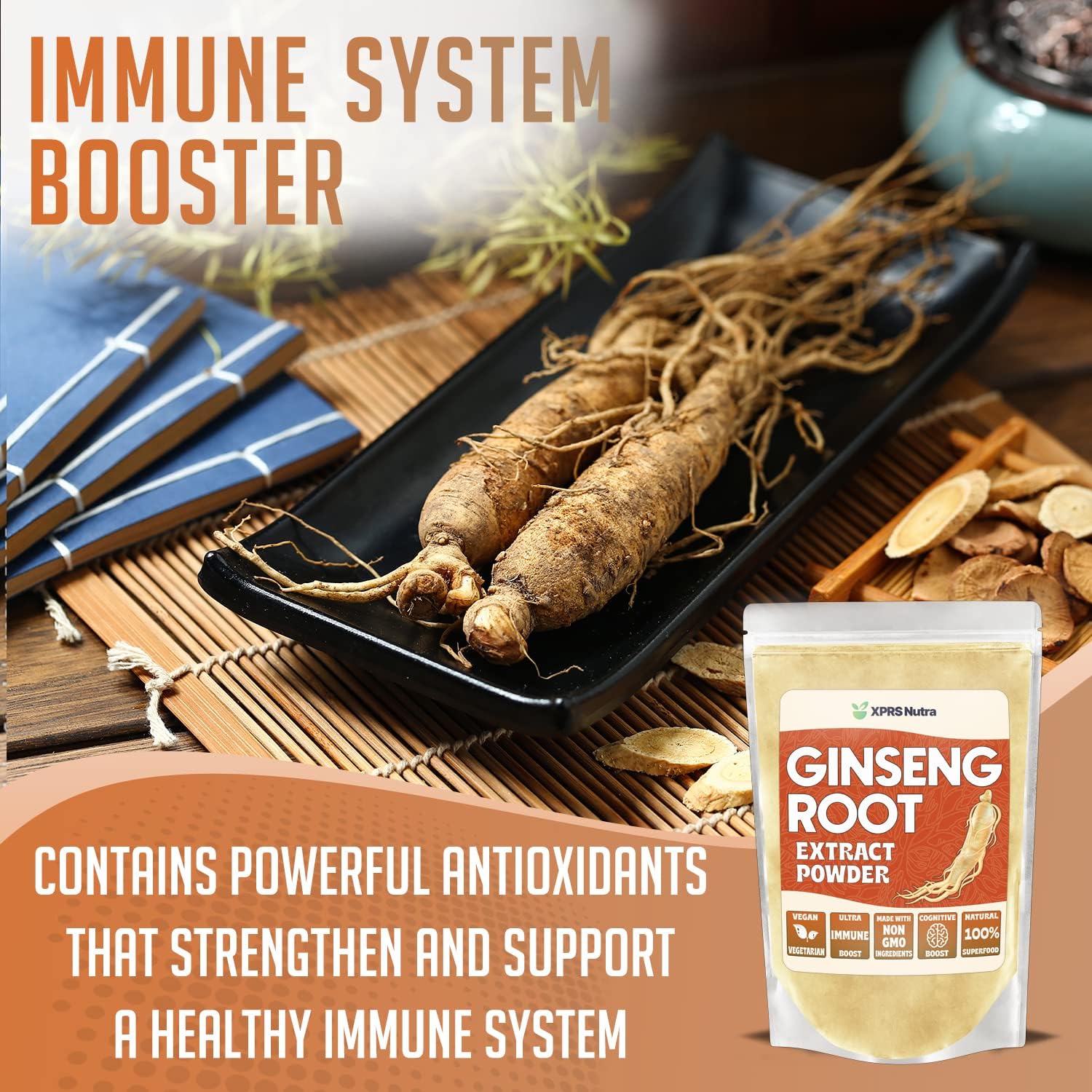 Vegan Panax Ginseng Powder Extract - Supports Cognitive Function, Physical Performance, Immune System - XPRS Nutra Ginseng Root Powder (8 oz)