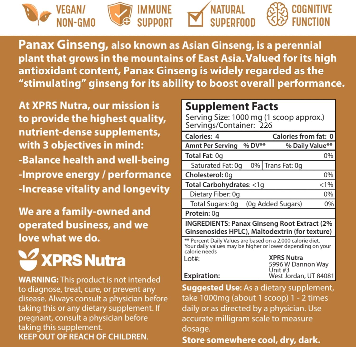 Vegan Panax Ginseng Powder Extract - Supports Cognitive Function, Physical Performance, Immune System - XPRS Nutra Ginseng Root Powder (8 oz)