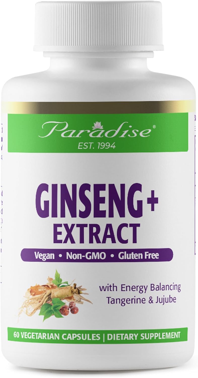 Vegan Paradise Herbs Ginseng Root Extract Capsules for Energy & Well-Being, Non GMO, Gluten Free, Vitamin B1, B2 & B12, 60 Count