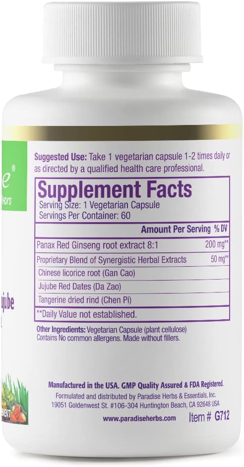 Vegan Paradise Herbs Ginseng Root Extract Capsules for Energy & Well-Being, Non GMO, Gluten Free, Vitamin B1, B2 & B12, 60 Count
