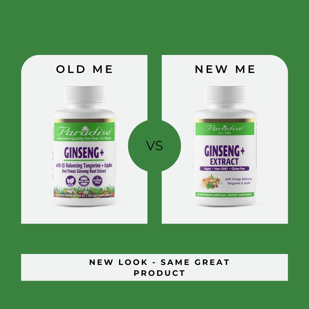 Vegan Paradise Herbs Ginseng Root Extract Capsules for Energy & Well-Being, Non GMO, Gluten Free, Vitamin B1, B2 & B12, 60 Count