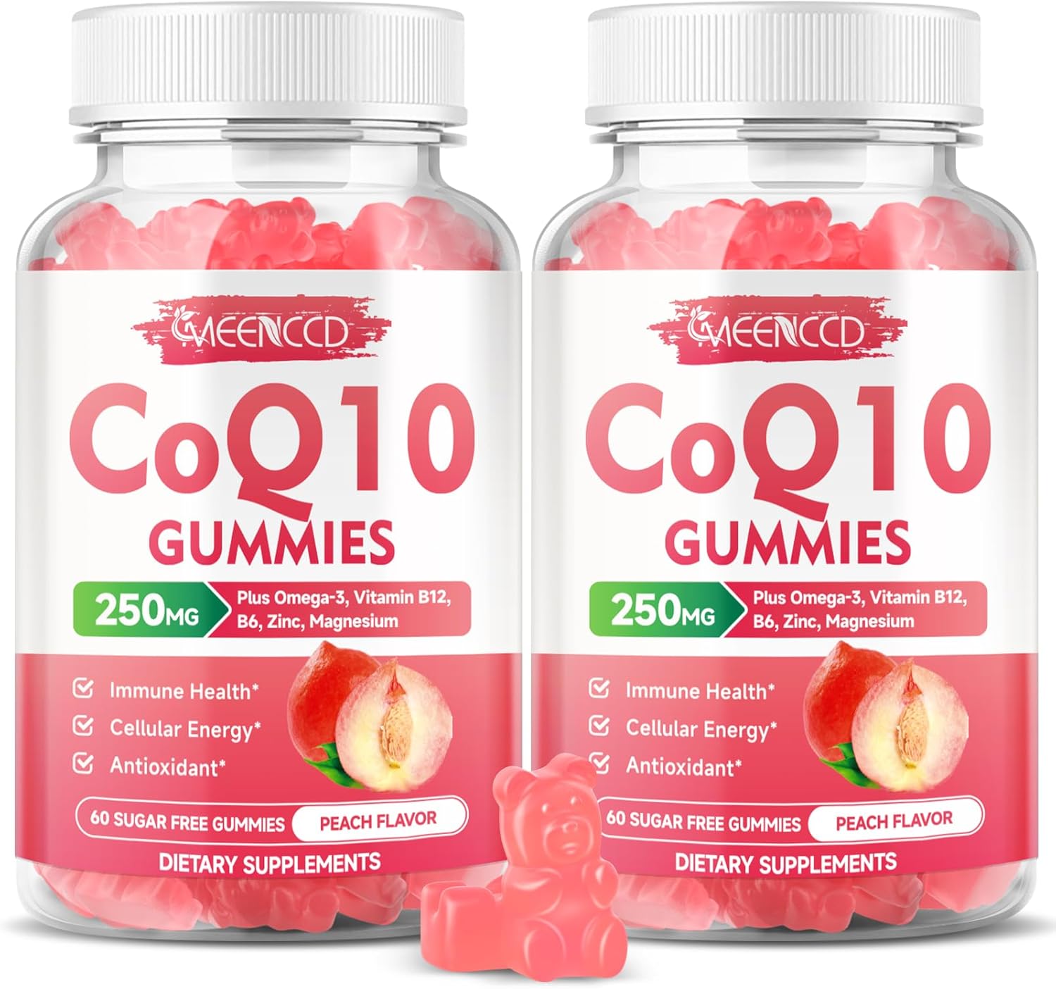 Vegan Peach Flavored CoQ10 Gummies with Omega-3, Vitamin B6, and Zinc for Cellular Energy and Antioxidant Support - 120 Count