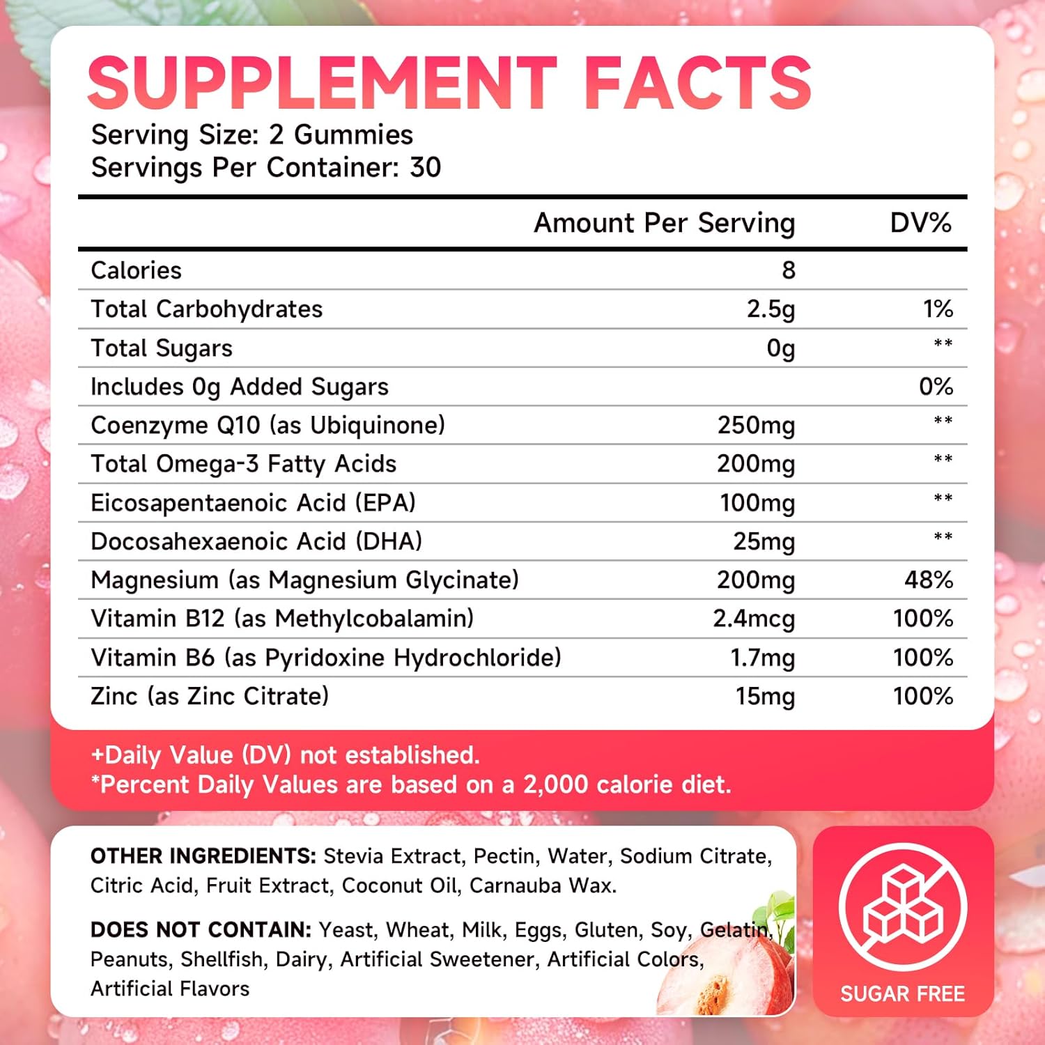 Vegan Peach Flavored CoQ10 Gummies with Omega-3, Vitamin B6, and Zinc for Cellular Energy and Antioxidant Support - 120 Count