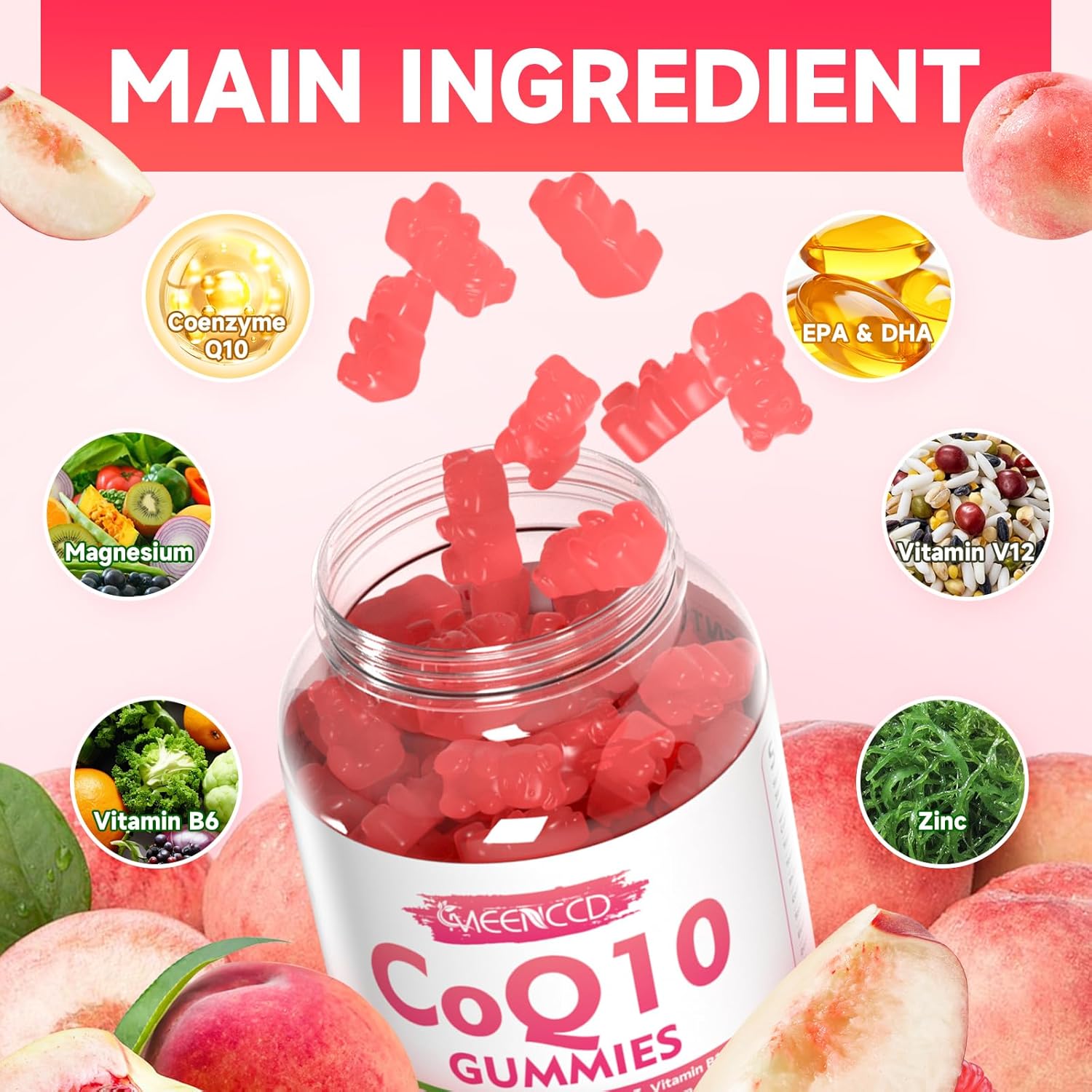 Vegan Peach Flavored CoQ10 Gummies with Omega-3, Vitamin B6, and Zinc for Cellular Energy and Antioxidant Support - 120 Count