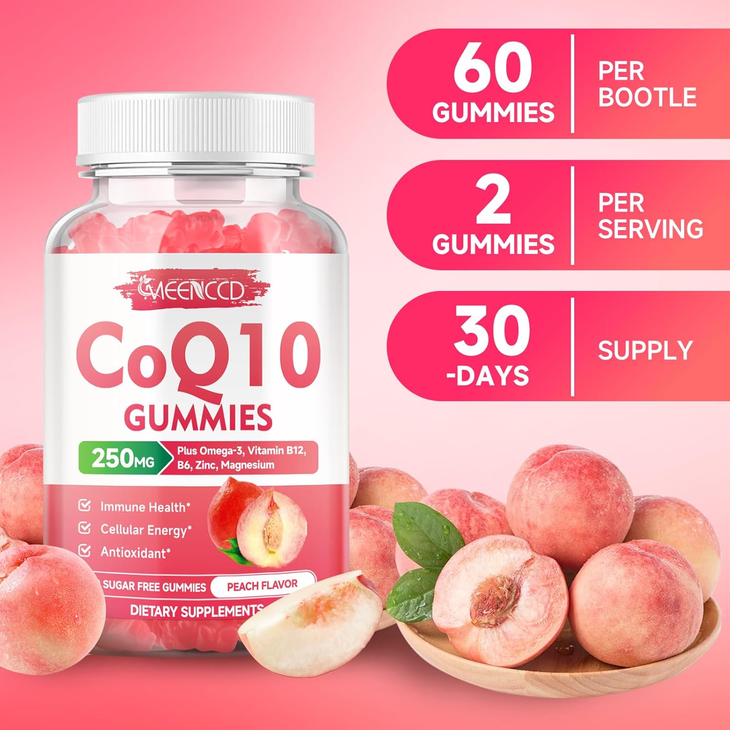 Vegan Peach Flavored CoQ10 Gummies with Omega-3, Vitamin B6, and Zinc for Cellular Energy and Antioxidant Support - 120 Count