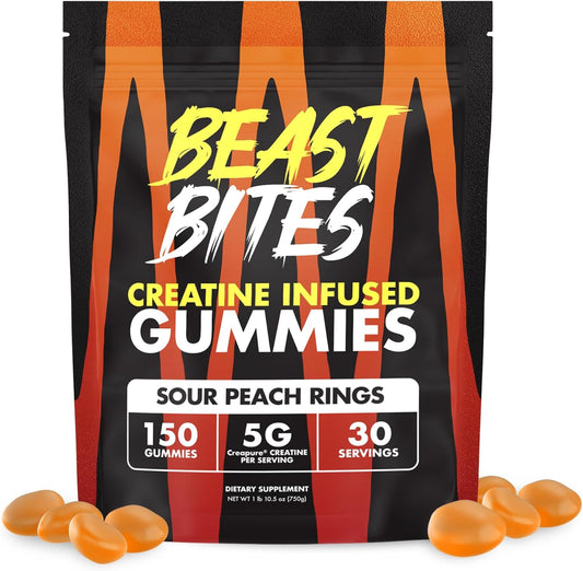 Vegan Peach Flavored Creatine Gummies with 5g Monohydrate - 30 Servings - Low-Calorie & Made in USA