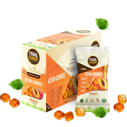 Vegan Peach Trail Chews Gummies for Hiking - Energy, Hydration & Recovery - 30g, 10 Pieces - Vitamin Rich & Immunity Support