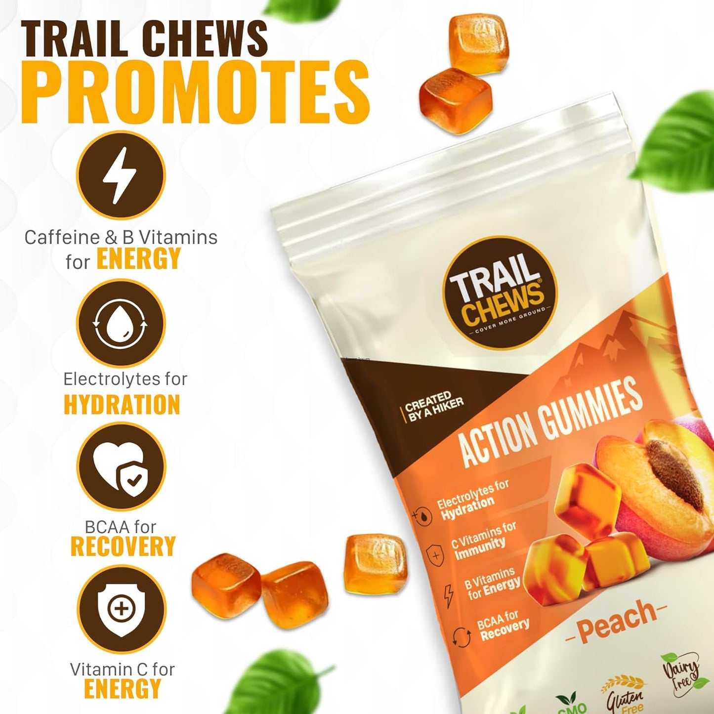 Vegan Peach Trail Chews Gummies for Hiking - Energy, Hydration & Recovery - 30g, 10 Pieces - Vitamin Rich & Immunity Support