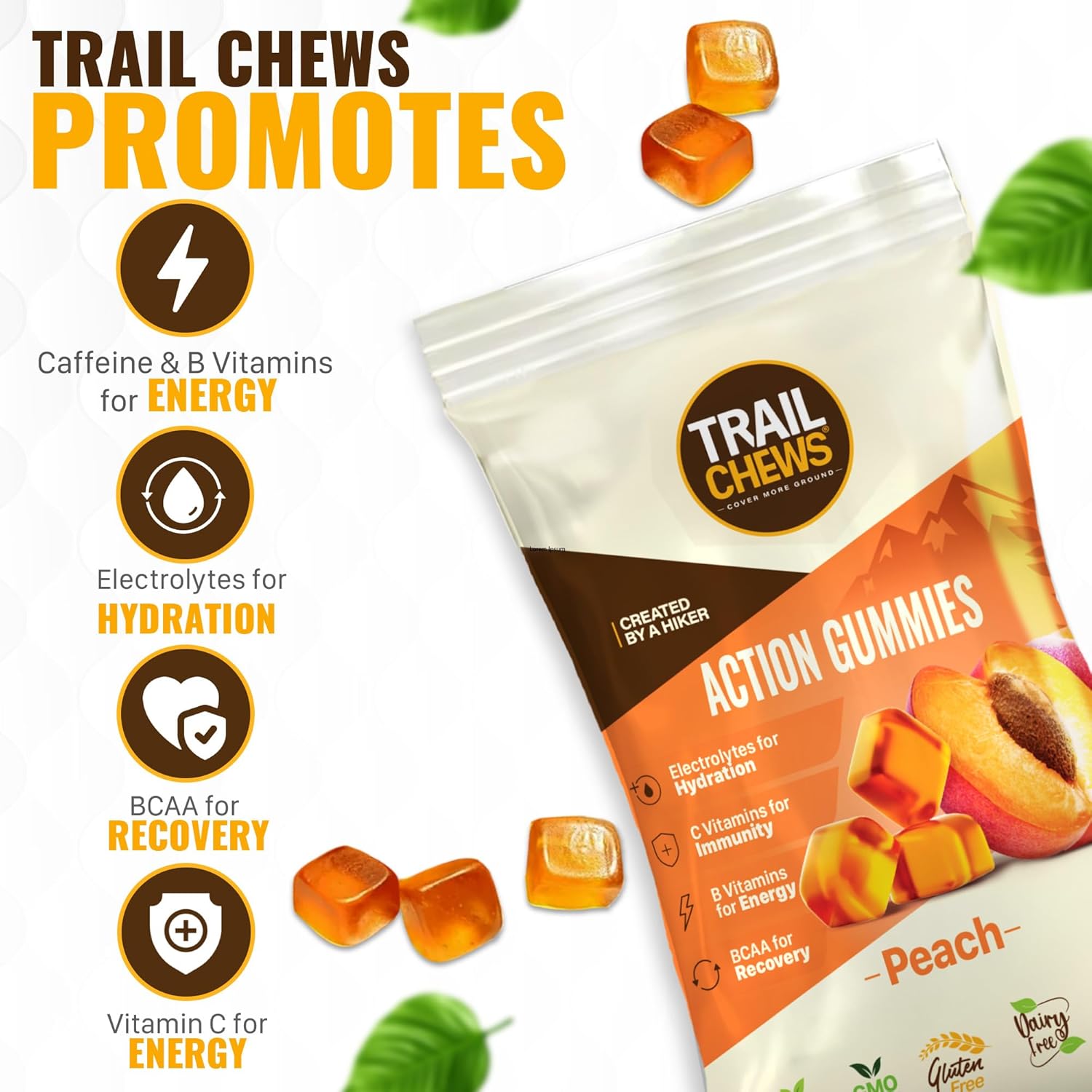 Vegan Peach Trail Chews Gummies for Hiking - Energy, Hydration & Recovery - 30g, 10 Pieces - Vitamin Rich & Immunity Support