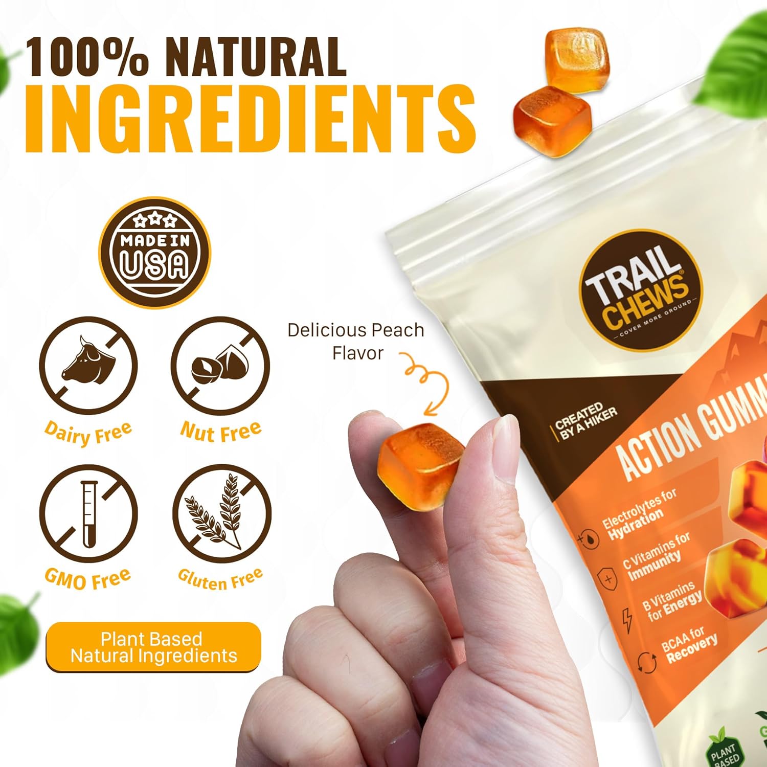 Vegan Peach Trail Chews Gummies for Hiking - Energy, Hydration & Recovery - 30g, 10 Pieces - Vitamin Rich & Immunity Support