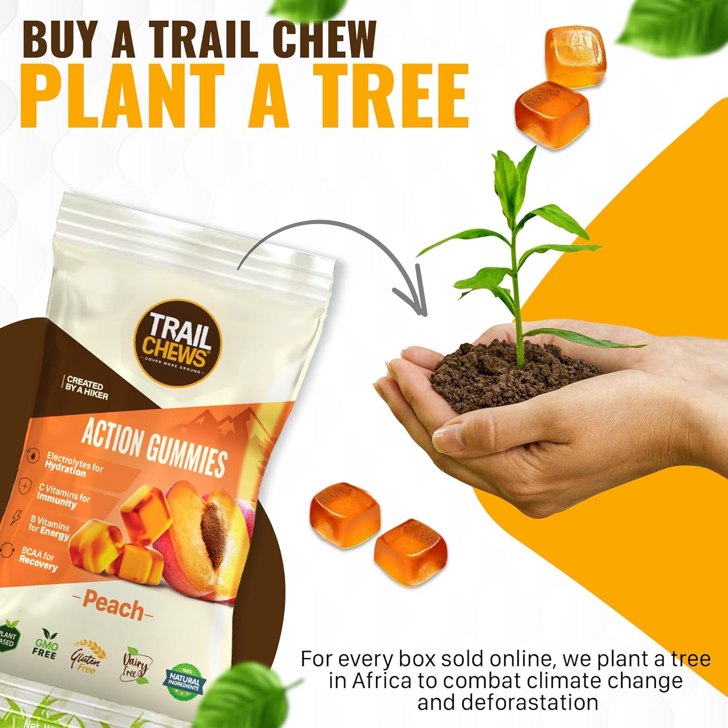 Vegan Peach Trail Chews Gummies for Hiking - Energy, Hydration & Recovery - 30g, 10 Pieces - Vitamin Rich & Immunity Support