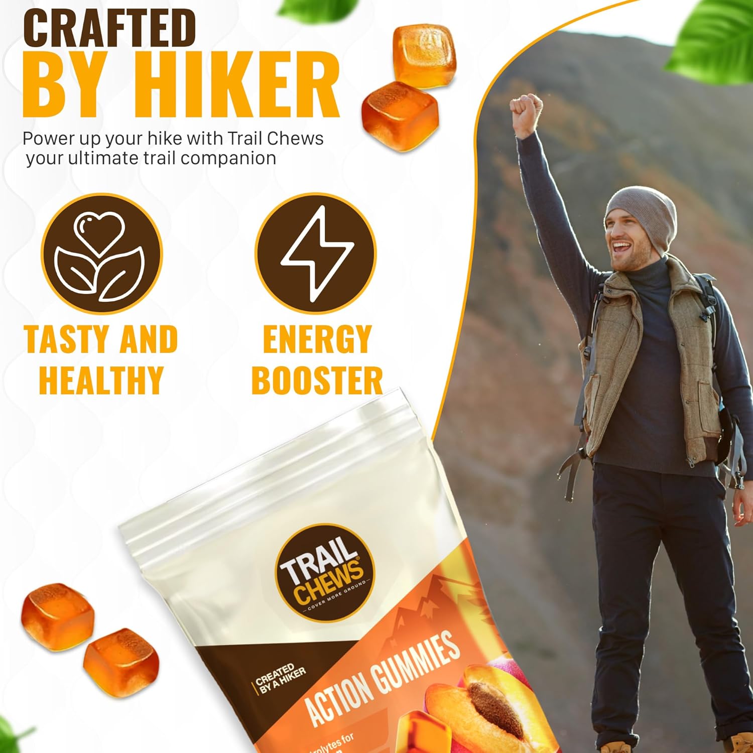 Vegan Peach Trail Chews Gummies for Hiking - Energy, Hydration & Recovery - 30g, 10 Pieces - Vitamin Rich & Immunity Support