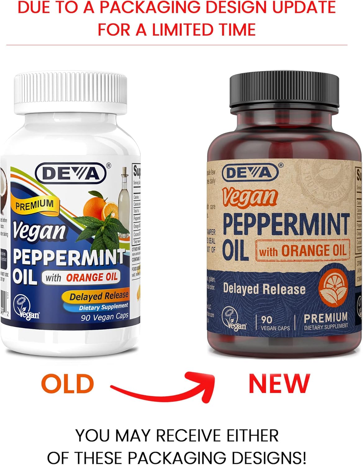 Vegan Peppermint Oil Capsules with Orange Oil, Delayed Release Formula - 90 Capsules