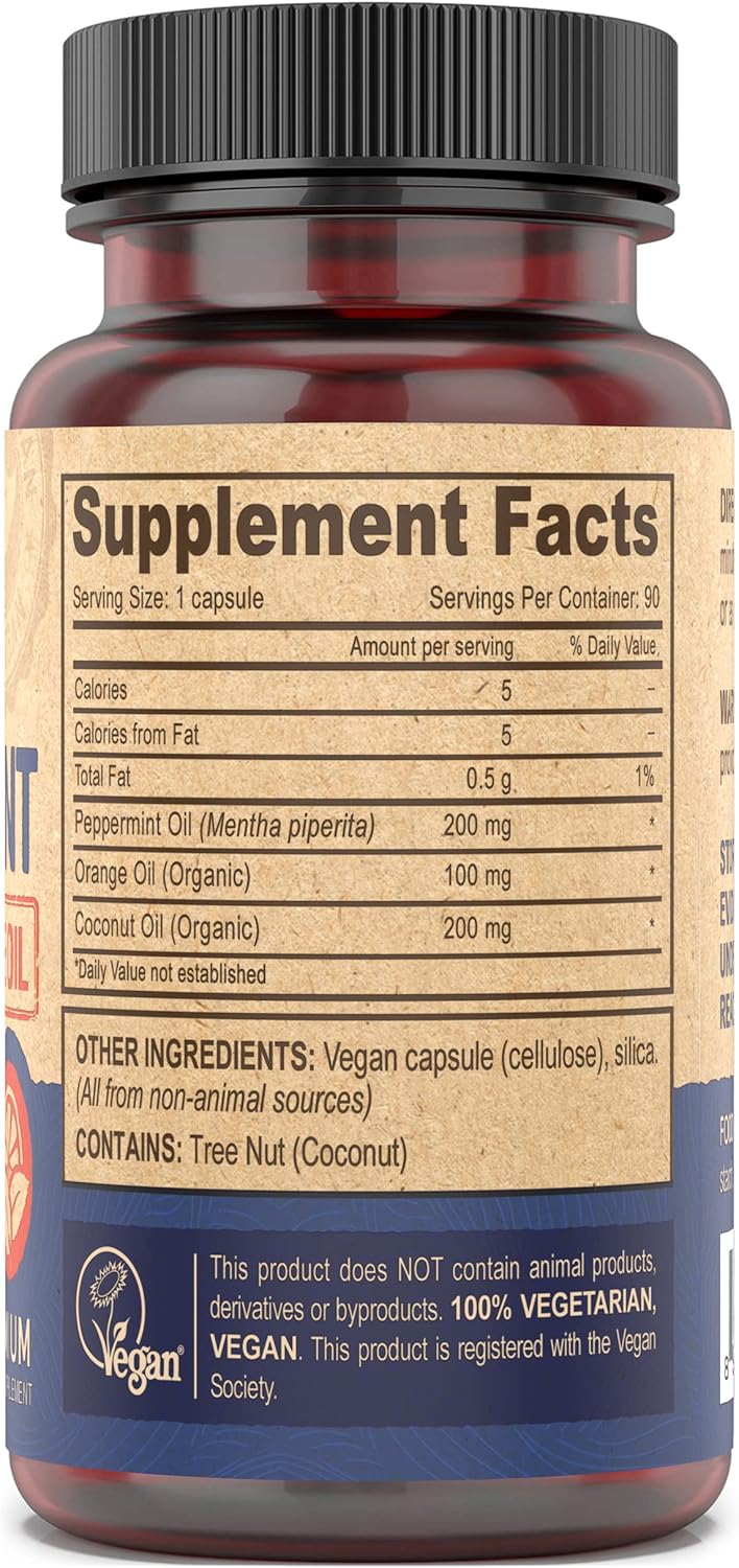 Vegan Peppermint Oil Capsules with Orange Oil, Delayed Release Formula - 90 Capsules